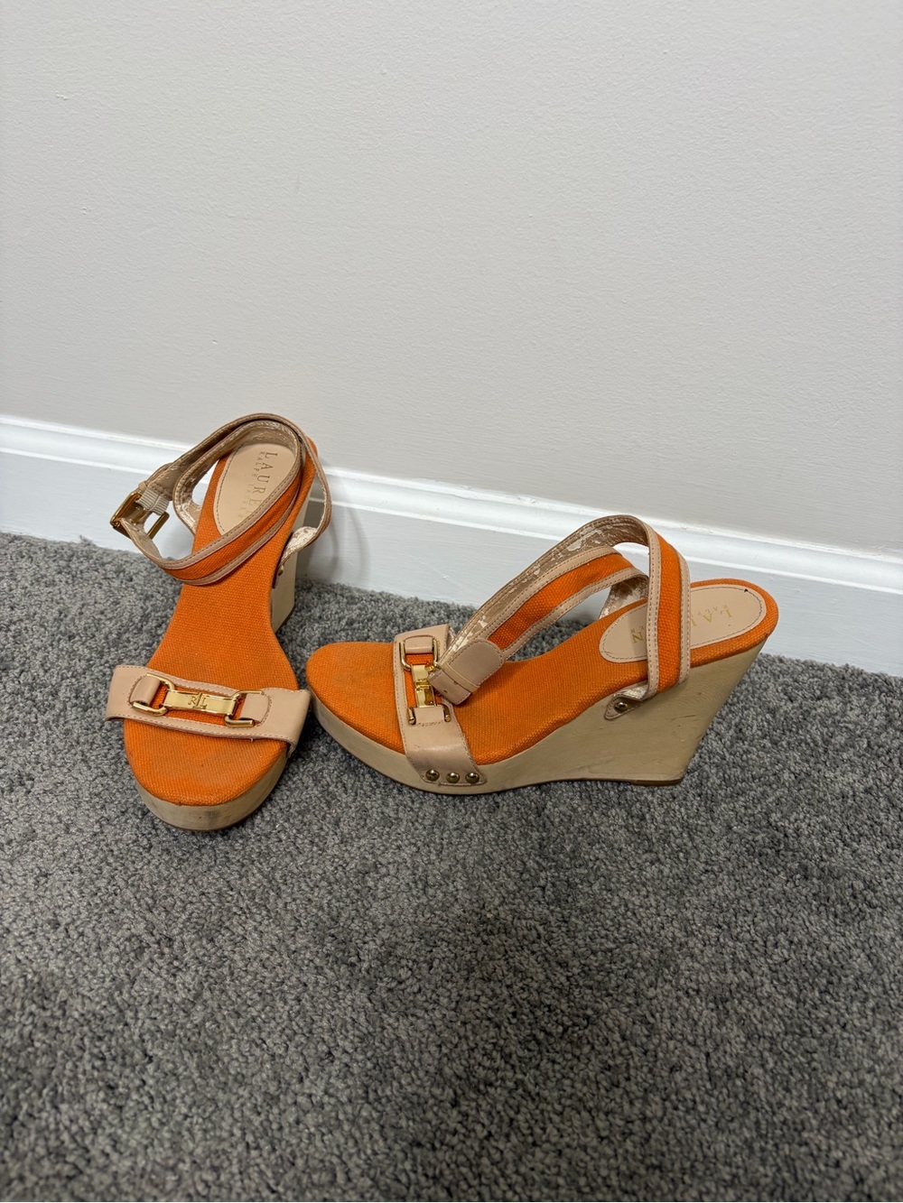 Vintage Y2K Ralph Lauren wedge wooden bit summer heels classic